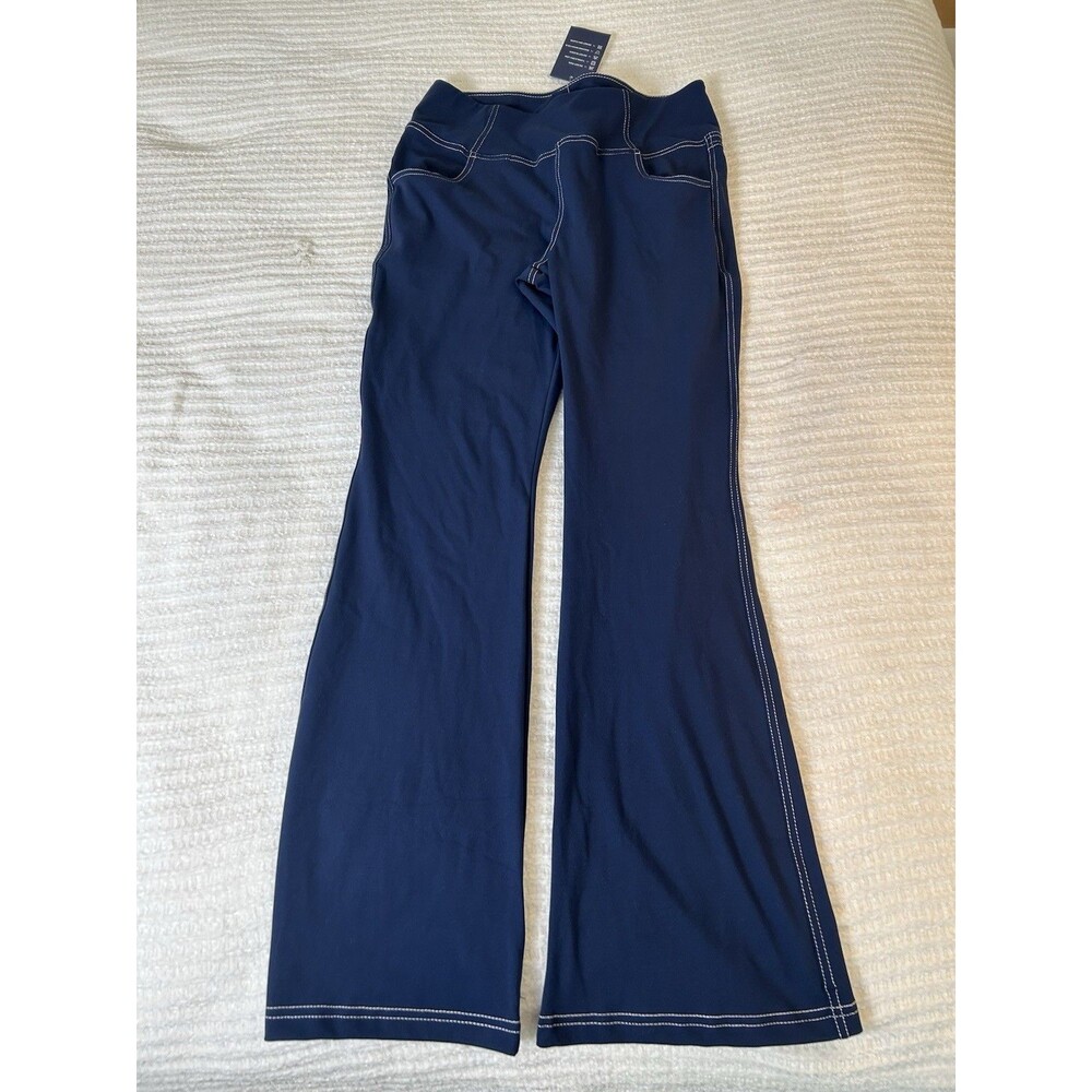 NEW VOOVEEYA Leggings Yoga Women L Navy Cropped Bootcut High Waist Pocket Stitch